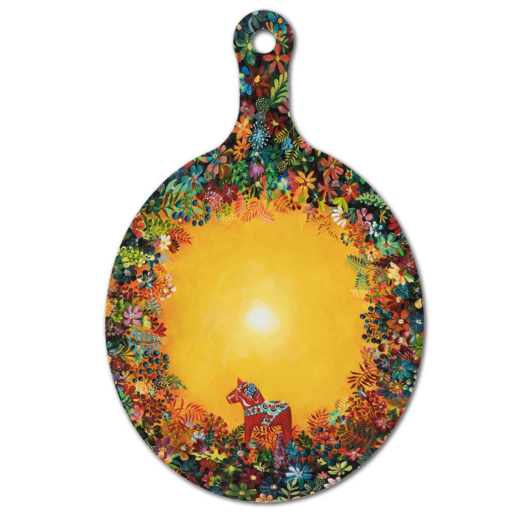 The "Light of Grytnäs" Serving Board, measuring 10"x16" (26x40 cm), showcases a vibrant floral design with a central yellow circle and a small Dala Horse nestled among the foliage, embodying the unique craftsmanship of a Swedish artist.