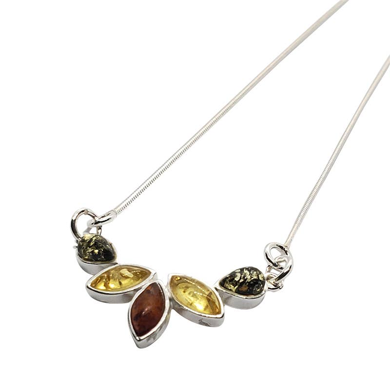 A 17 sterling silver necklace with five marquise teardrop pendants featuring multi-color Baltic amber stones in warm yellow and brown hues.