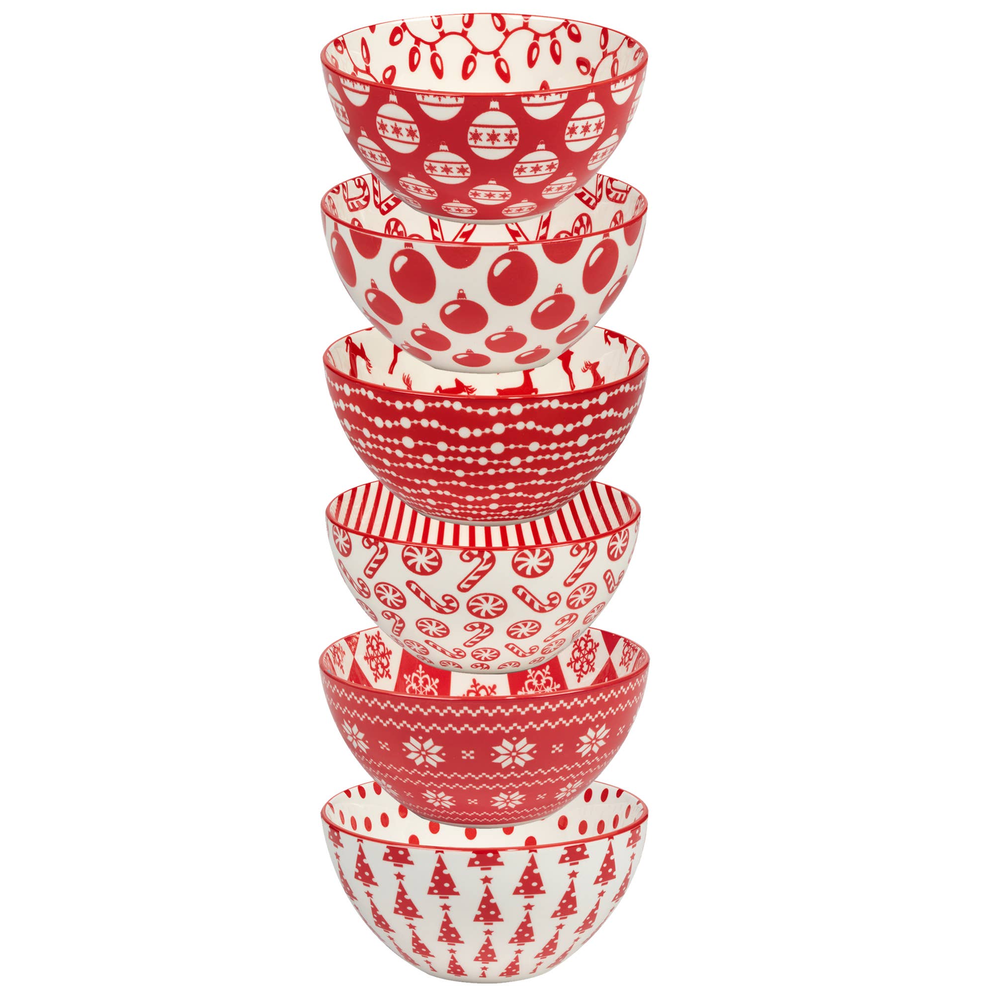 A set of six white Peppermint Candy Christmas All Purpose Bowls (4.75x2.25), each with a unique red holiday design, perfect for enhancing your festive dinnerware collection.