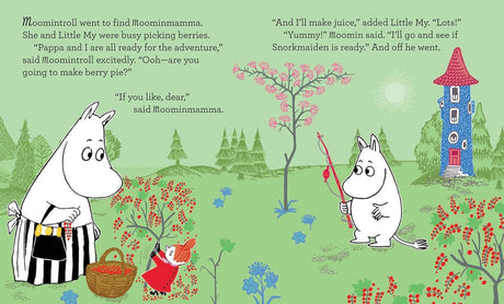An illustration from Moomin and the Moonlight Adventure by Tove Jansson shows Moomintroll, Moominmamma, and Little My picking berries under moonlight near the Moominhouse, with whimsical dialogue text on the image.