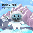 A finger puppet book cover featuring a plush white yeti puppet against a mountain backdrop with an illustration of a snow leopard.