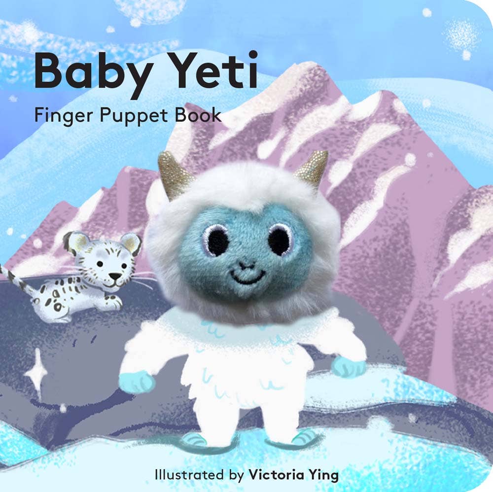 A finger puppet book cover featuring a plush white yeti puppet against a mountain backdrop with an illustration of a snow leopard.
