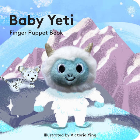 A finger puppet book cover featuring a plush white yeti puppet against a mountain backdrop with an illustration of a snow leopard.