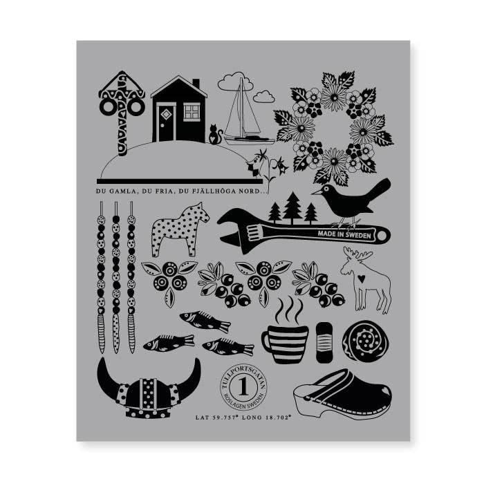 Featuring a charming array of Swedish symbols such as a dala horse, moose, sailboat, house, fish, flowers, knife, and traditional items on a gray background with text in Swedish accents. The eco-friendly *Dish Cloth: Made in Sweden Iconic Symbols of Sweden White with Black Print* combines sustainability and Scandinavian charm for your kitchen.