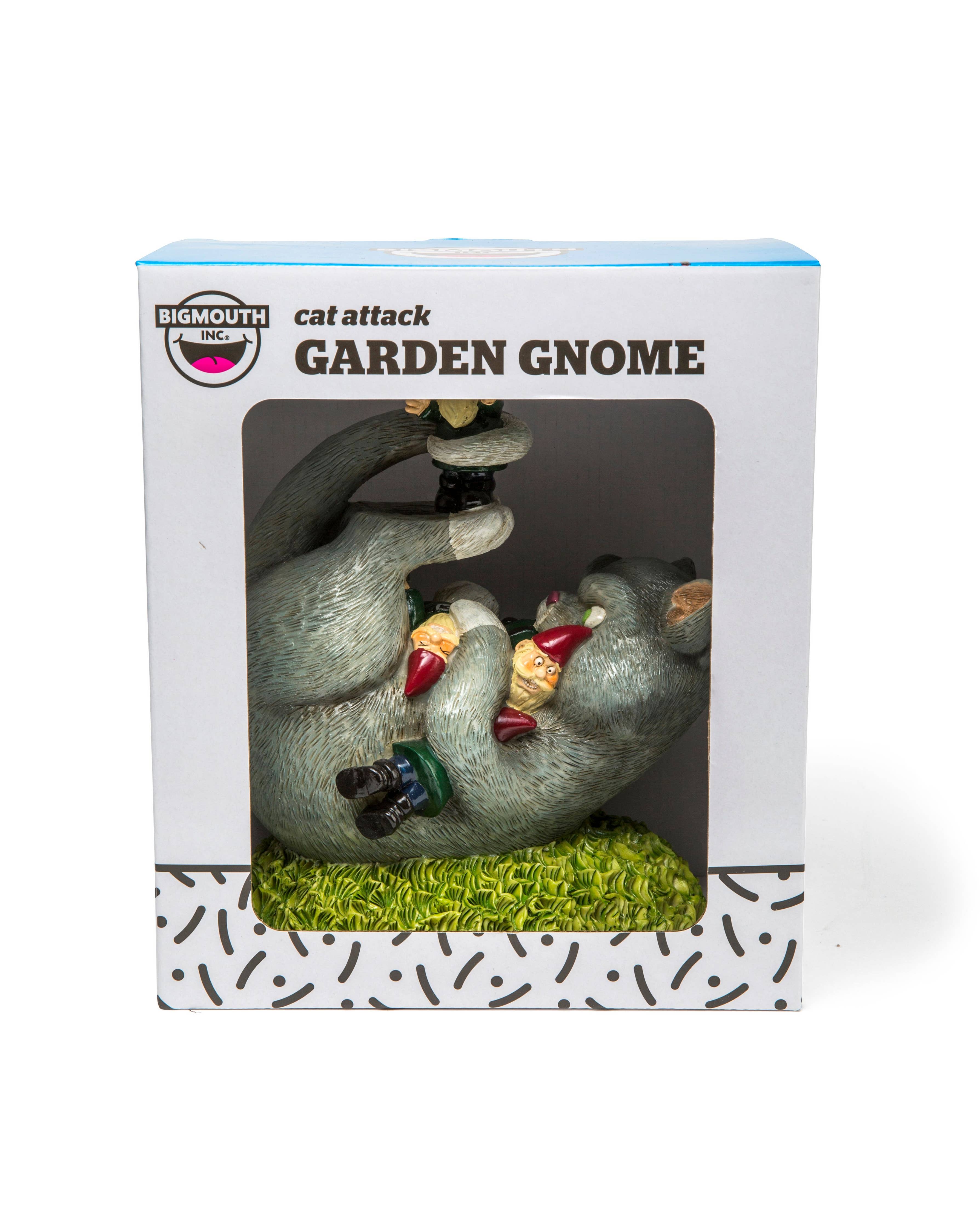 The Garden Gnome: Cat Attack figurine, made from sturdy cast poly resin, features a lively cat interacting with garden gnomes in an enchanting scene.