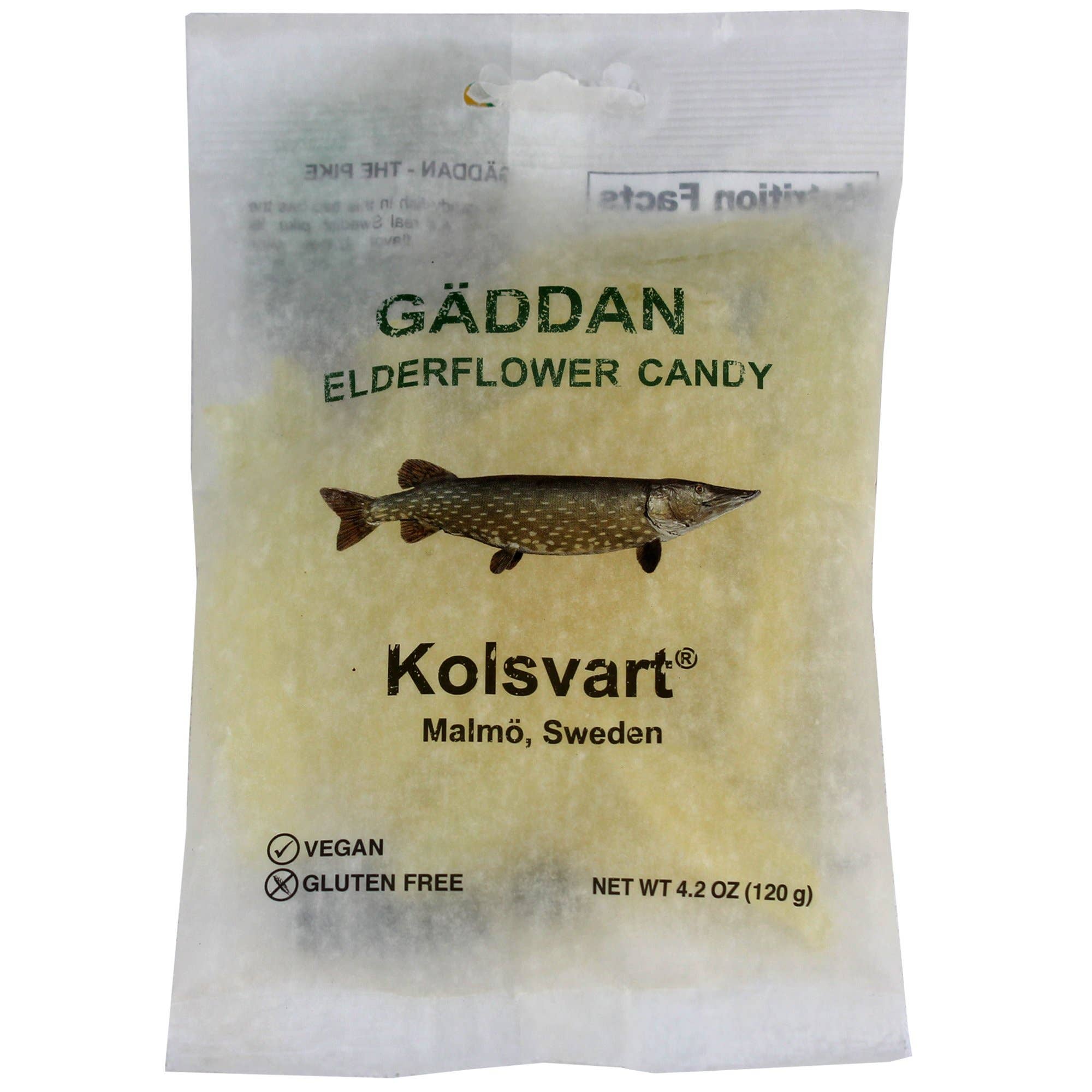 Packet of Kolsvart Elderflower Pike Fish candy with a fish illustration. Vegan and gluten-free, inspired by Swedish Fish. Net weight: 4.2 oz (120 g).