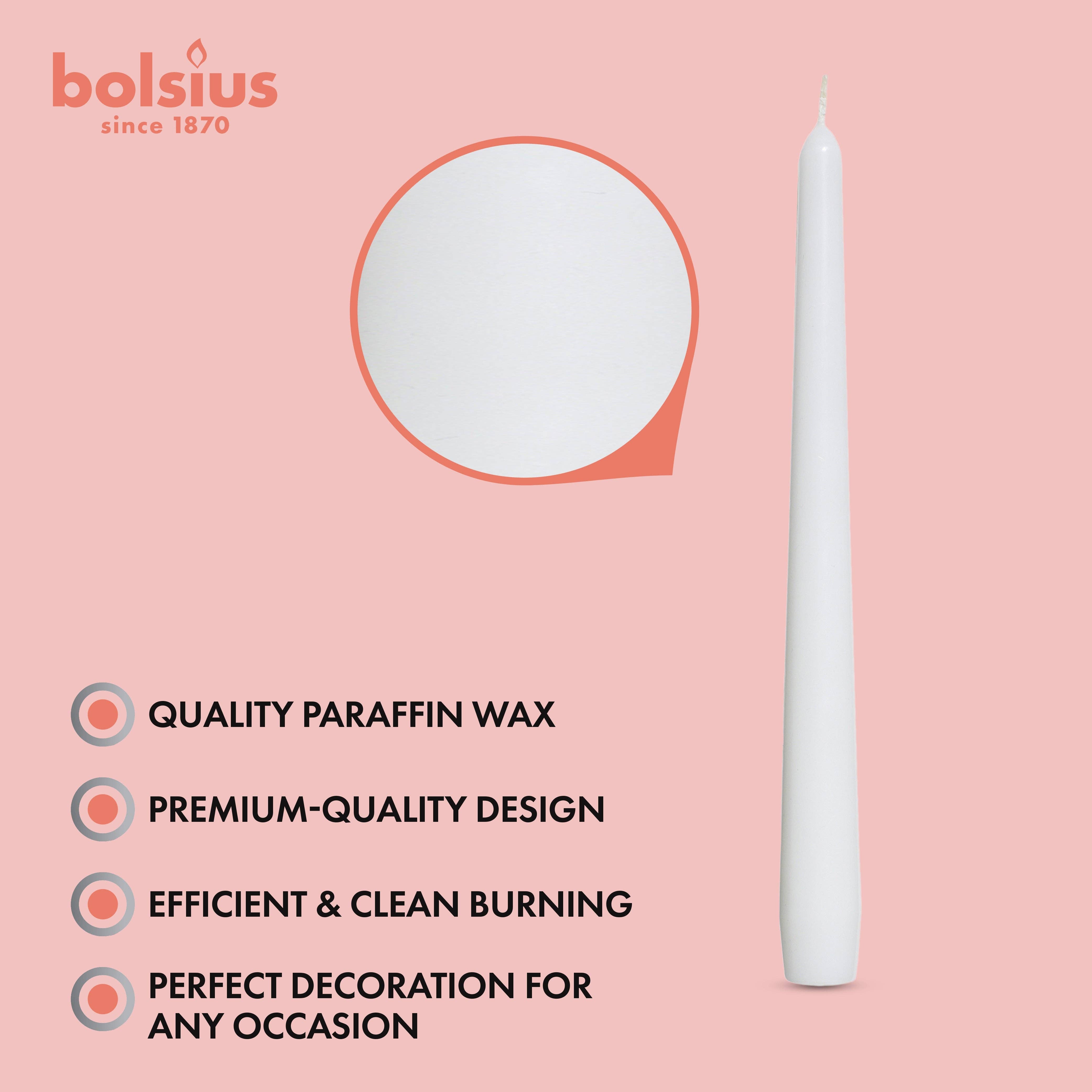 The Bolsius Candles: White Tall 10" Taper 4 Pack (Unscented) is crafted from high-quality paraffin wax, offering a premium design and efficient burning. Ideal for any occasion, these unscented and dripless candles exemplify Bolsius's commitment to excellence, with the logo as a testament to their unmatched quality.