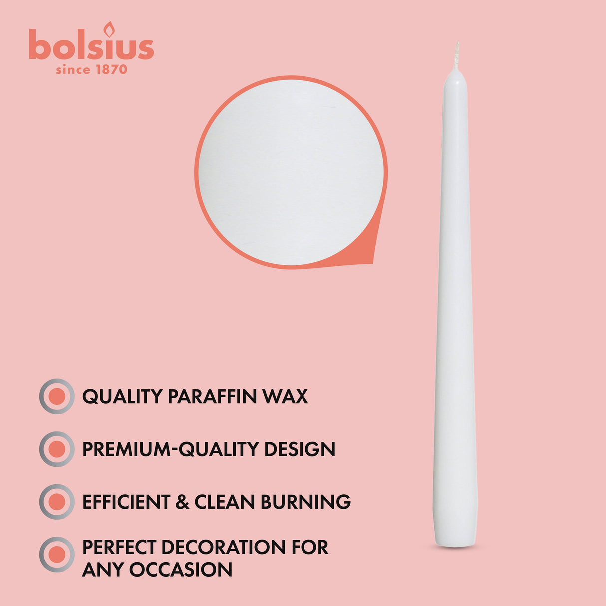 Bolsius offers a 4-pack of tall 10-inch unscented taper candles made from white paraffin wax, designed for efficient burning and dripless performance, perfect for any occasion.