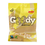 Package of Bubs Banana Toffee Candy (90g). The vibrant yellow packaging proudly features the Fairtrade and vegan logos, ensuring a responsible treat choice.