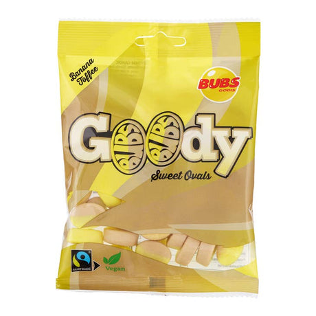 Package of Bubs Banana Toffee Candy (90g). The vibrant yellow packaging proudly features the Fairtrade and vegan logos, ensuring a responsible treat choice.
