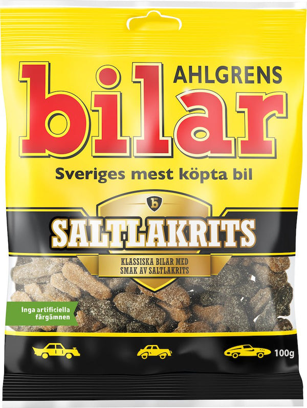 Candy: Ahlgrens Bilar - Saltlakrits (100g) is a Swedish treat with car-shaped salty licorice candy, packaged in a 100g bag with yellow, red, and black design.