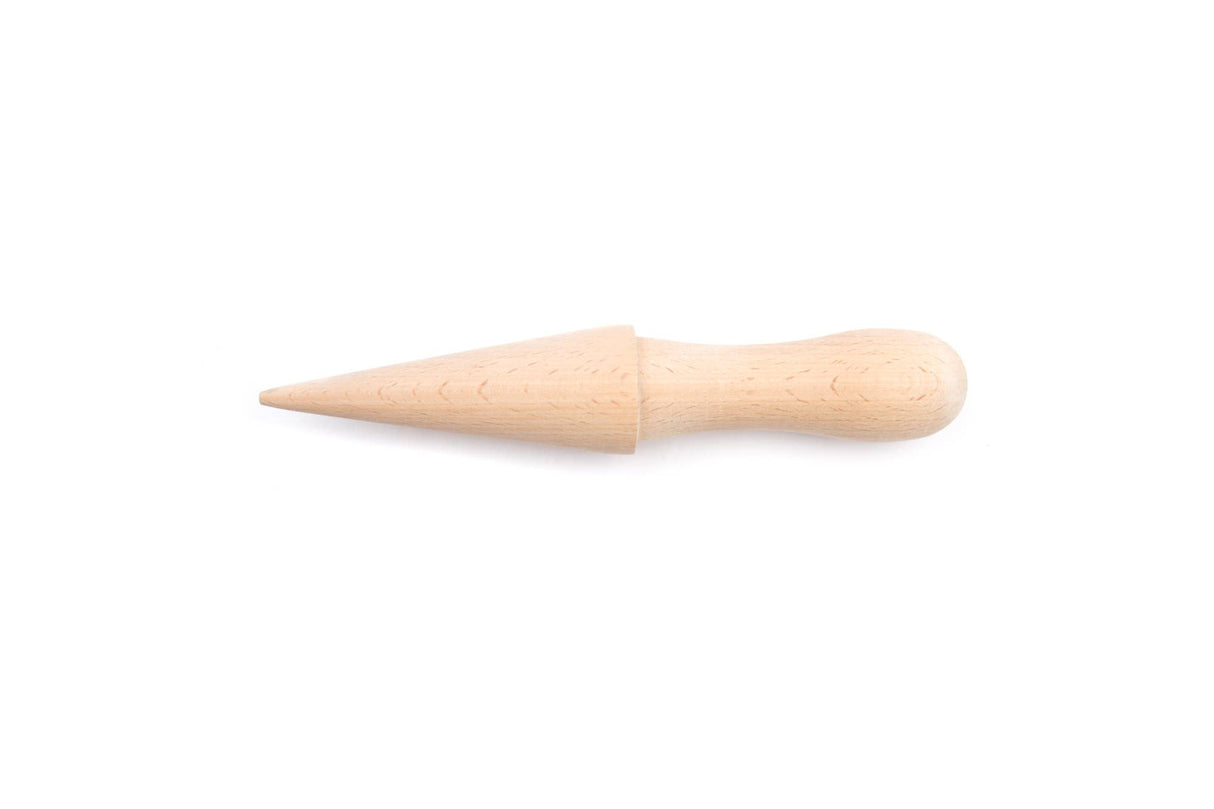 A Krumkake Cone Roller made of beechwood (1.5" x 1.5" x 8.25") with a pointed, conical tip and rounded handle, similar to a pizzelle roller, is photographed on a white background.