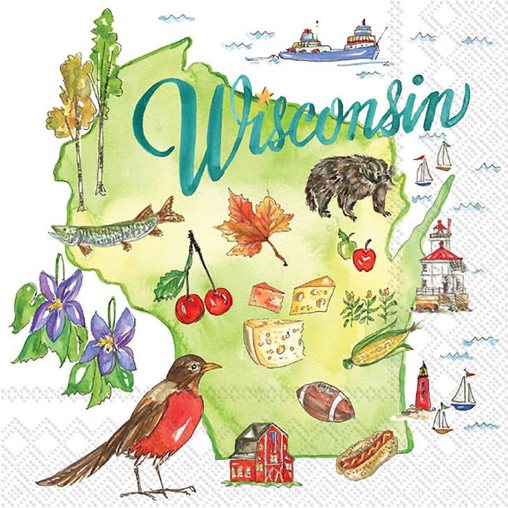 The WI State 5"x5" napkins showcase an illustrated map of Wisconsin on square paper cocktail napkins, adorned with symbols such as the state outline, robin, purple flowers, fish, cheese, cherries, apples, a barn, oak leaf, lighthouse, football ball and helmet combo along with a boat and badger. They're perfect for infusing local charm into any event!