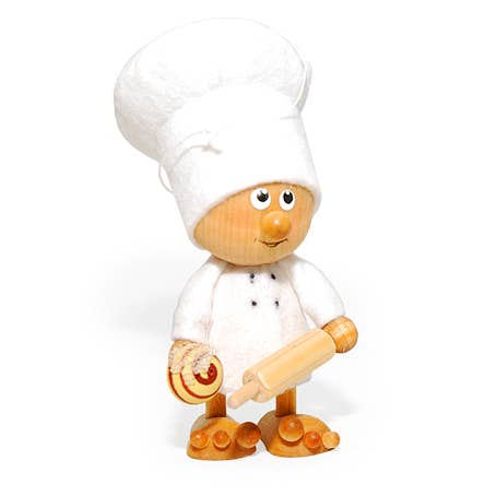 The "Baker with Rolling Pin & Pastry" figurine features a wooden chef in a white hat and coat holding baking tools—ideal as a Christmas tree ornament or delightful kitchen table decor.