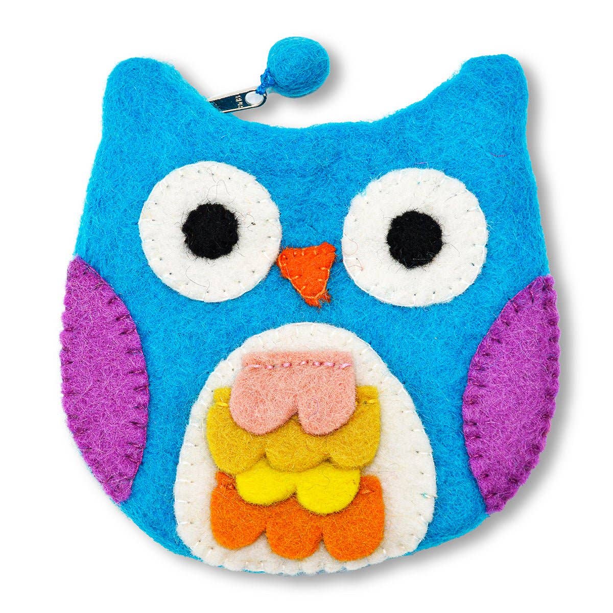 The Bag: Blue Owl with Felt Fur Design Coin Purse is a handmade wool pouch from Nepal, featuring white eyes, an orange beak, purple wings, a multicolored chest, and a zipper with a blue ball pull—perfect for coins.