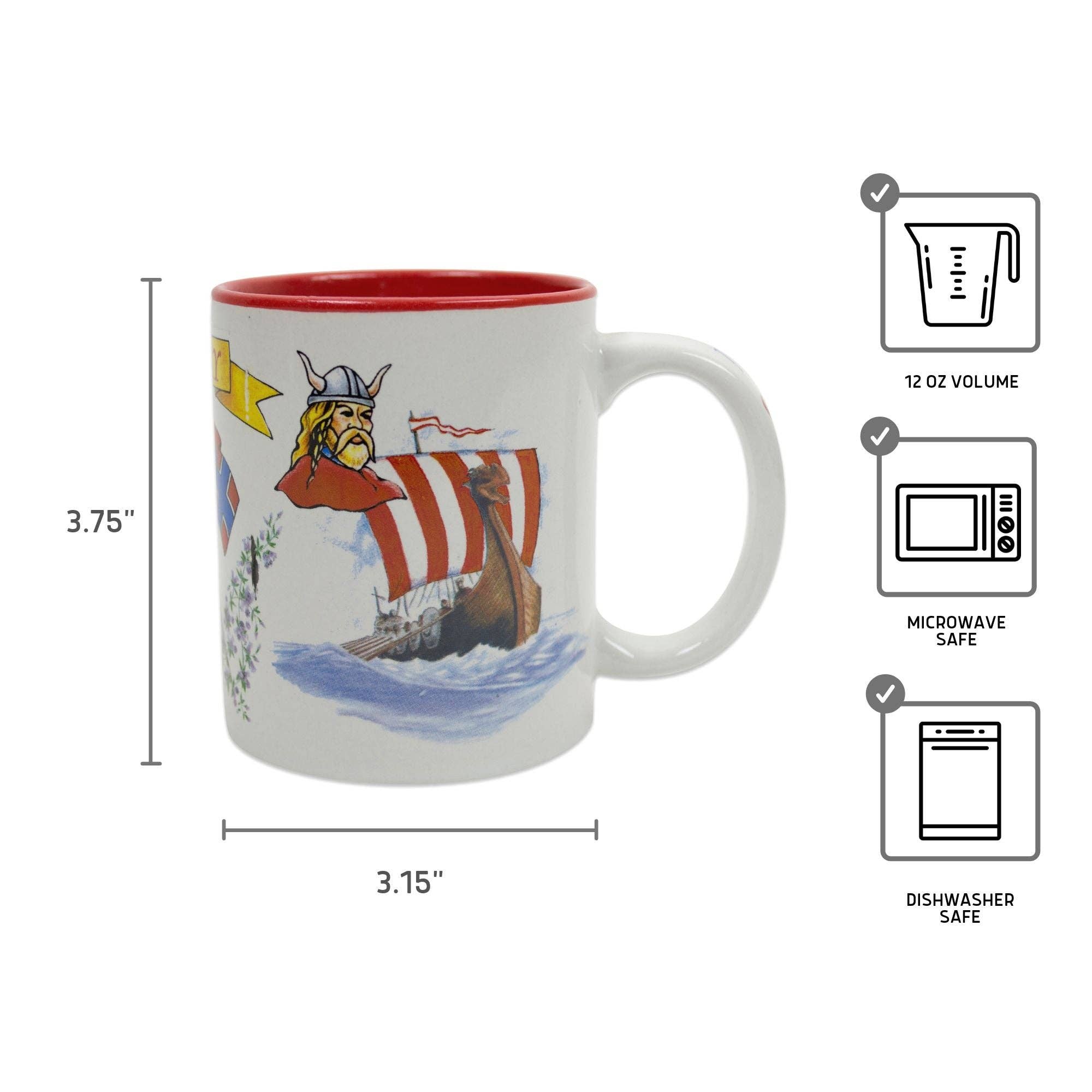The I Love Norway coffee mug showcases Viking ship graphics on a white and red ceramic base. It measures 3.75 tall by 3.15 wide, holds 12 oz, and is both microwave and dishwasher safe—ideal for any Norway lover!.