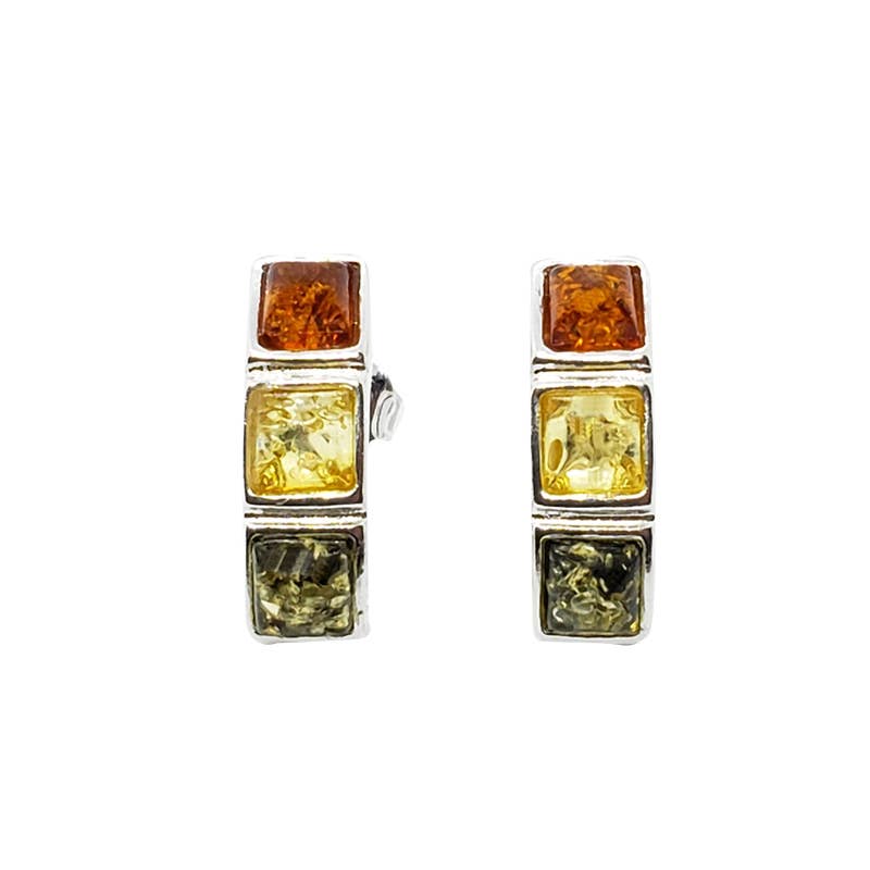 A pair of sterling silver stud earrings featuring three multi-color amber stones. These Baltic amber earrings perfectly blend craftsmanship and natural beauty.