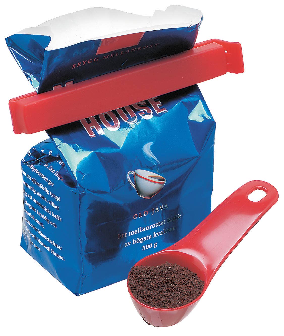 A sealed blue bag with red text labeled Old Java, paired with a black Utensil: Coffee Spoon and Twixit Clip Set, filled with ground coffee.