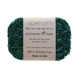 Green soap saver dish made of bioplastic with a brown label that reads BPA-free, phthalate-free, and Made in USA.