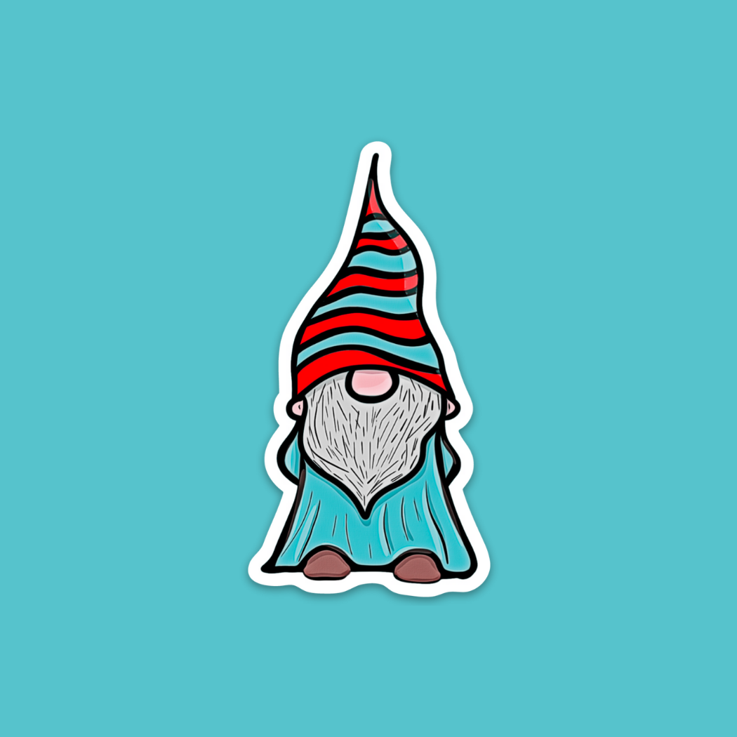 A depiction of a hand-drawn gnome featuring a long white beard, a red and black striped hat, a blue outfit, and brown shoes set against a turquoise background. Ideal as the "Sticker: Gnome III - Sticker" for those wanting to personalize their design.