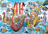 This vibrant cartoon puzzle adventure, titled "Puzzle: Viking Voyage (Family) 350pc," features a colorful illustration from the series showing two Viking ships engaged in battle on a stormy sea surrounded by whimsical sea creatures and clouds, with a rainbow beautifully arching above.