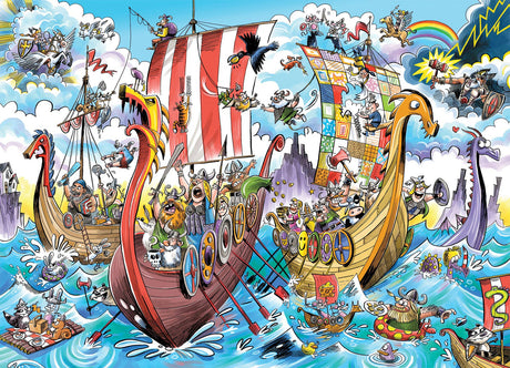 This vibrant cartoon puzzle adventure, titled "Puzzle: Viking Voyage (Family) 350pc," features a colorful illustration from the series showing two Viking ships engaged in battle on a stormy sea surrounded by whimsical sea creatures and clouds, with a rainbow beautifully arching above.