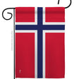 The Flag: Norway Garden Flag - Norwegian Nationality Home Decor Flag features a red background with a blue cross outlined in white, reflecting Norwegian heritage, and hangs vertically from a black metal pole.