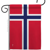The Flag: Norway Garden Flag - Norwegian Nationality Home Decor Flag features a red background with a blue cross outlined in white, reflecting Norwegian heritage, and hangs vertically from a black metal pole.