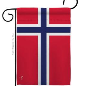 The Flag: Norway Garden Flag - Norwegian Nationality Home Decor Flag features a red background with a blue cross outlined in white, reflecting Norwegian heritage, and hangs vertically from a black metal pole.