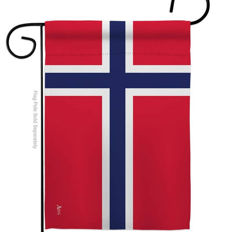 The Flag: Norway Garden Flag - Norwegian Nationality Home Decor Flag features a red background with a blue cross outlined in white, reflecting Norwegian heritage, and hangs vertically from a black metal pole.