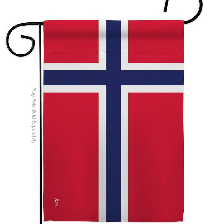 The Flag: Norway Garden Flag - Norwegian Nationality Home Decor Flag features a red background with a blue cross outlined in white, reflecting Norwegian heritage, and hangs vertically from a black metal pole.