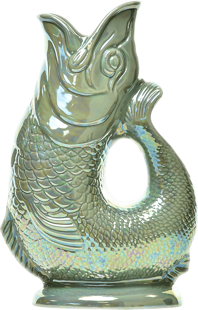 The Sage Lustre Gluggle Jug Extra Large features an iridescent ceramic finish, fish shape with detailed scales, open mouth, and cut-out handle—perfect for making a statement on any table.