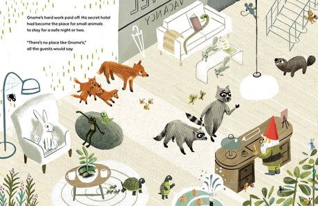 An illustrated scene from "There's No Place Like Gnome's" by Scott Magoon, New York Times Best Selling Illustrator, shows raccoons, foxes, a rabbit, and turtles in a cozy animal hotel lobby run by a cheerful garden gnome.