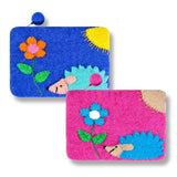Purse: Hedgehog and Flower Coin Purse: Blue 100% Wool with Pom Pom on Zipper