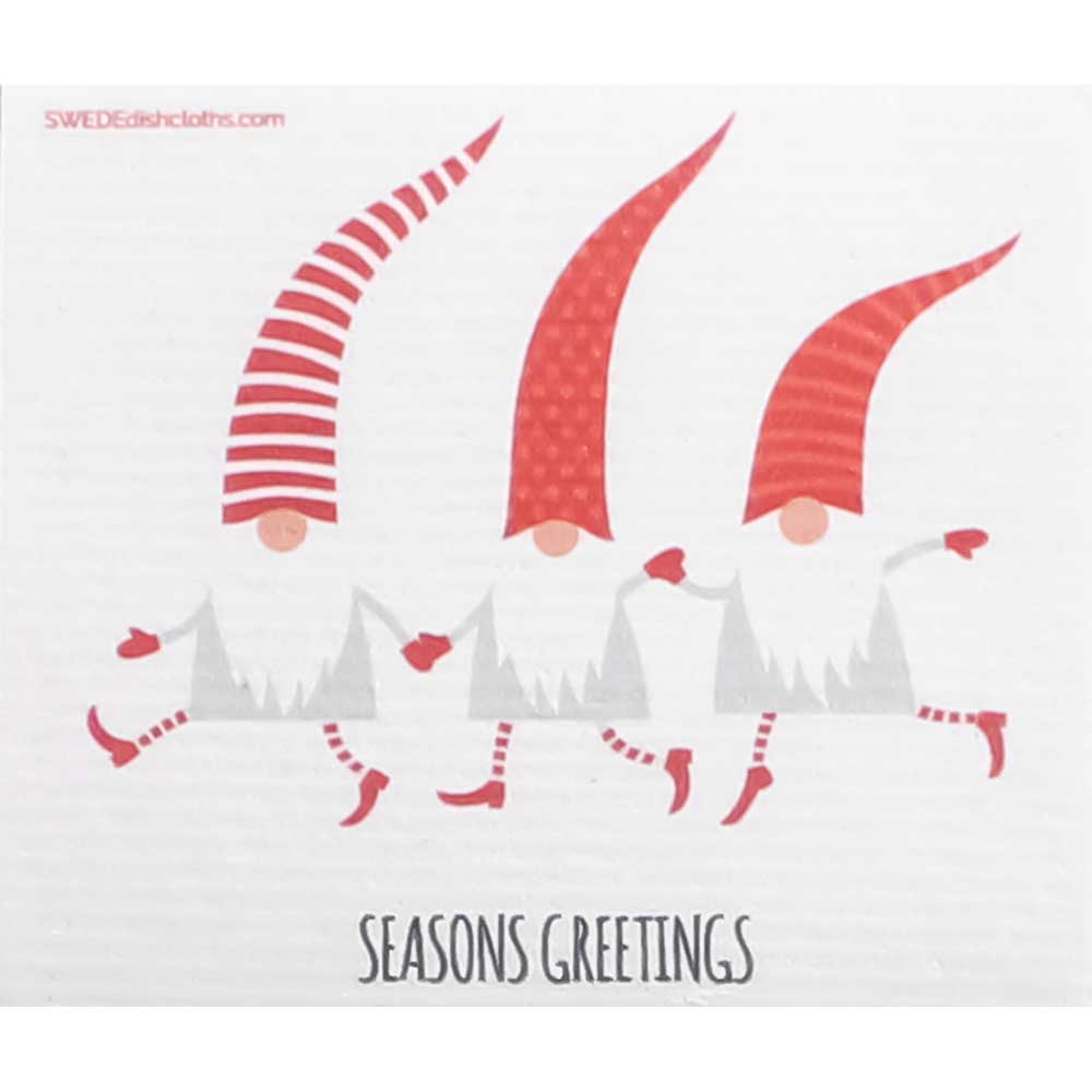 The Dish Cloth: Seasons Greetings with Three Dancing Christmas Tomte (Gnomes) Swedish Dishcloth features gnomes in tall red hats and white beards—perfect for adding festive charm to your eco-friendly kitchen this holiday season.