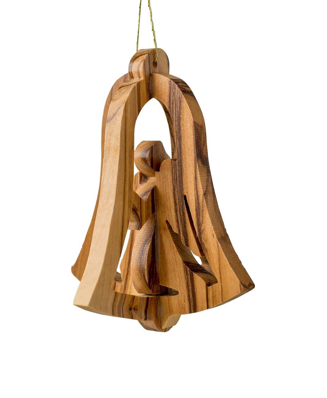 This elegant ornament, named "3D Bell with Angel - 3 inches," is expertly crafted from premium Olive Wood by talented Christian artisans in Bethlehem. It showcases a finely carved interior design and hangs delicately by a string.