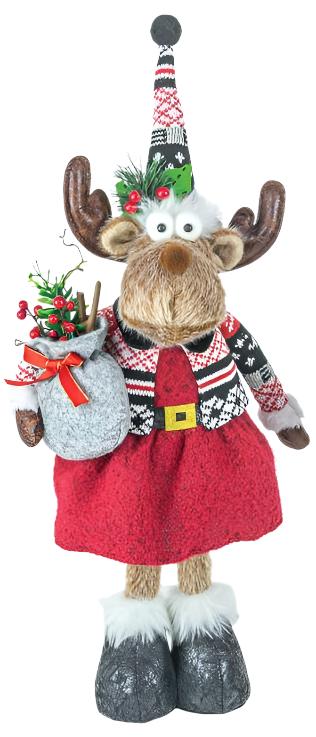 A "Decor: Mr or Mrs Dashing Moose Stander" featuring a stuffed reindeer dressed in plaid pants, a patterned sweater, and a pointy hat while holding a small Christmas sack adorned with festive decorations.