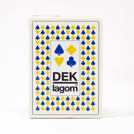 A deck of DEK Lagom playing cards from Sweden, ideal for a harmonious lifestyle, showcasing a design of blue clubs, yellow diamonds, blue spades, and yellow hearts.