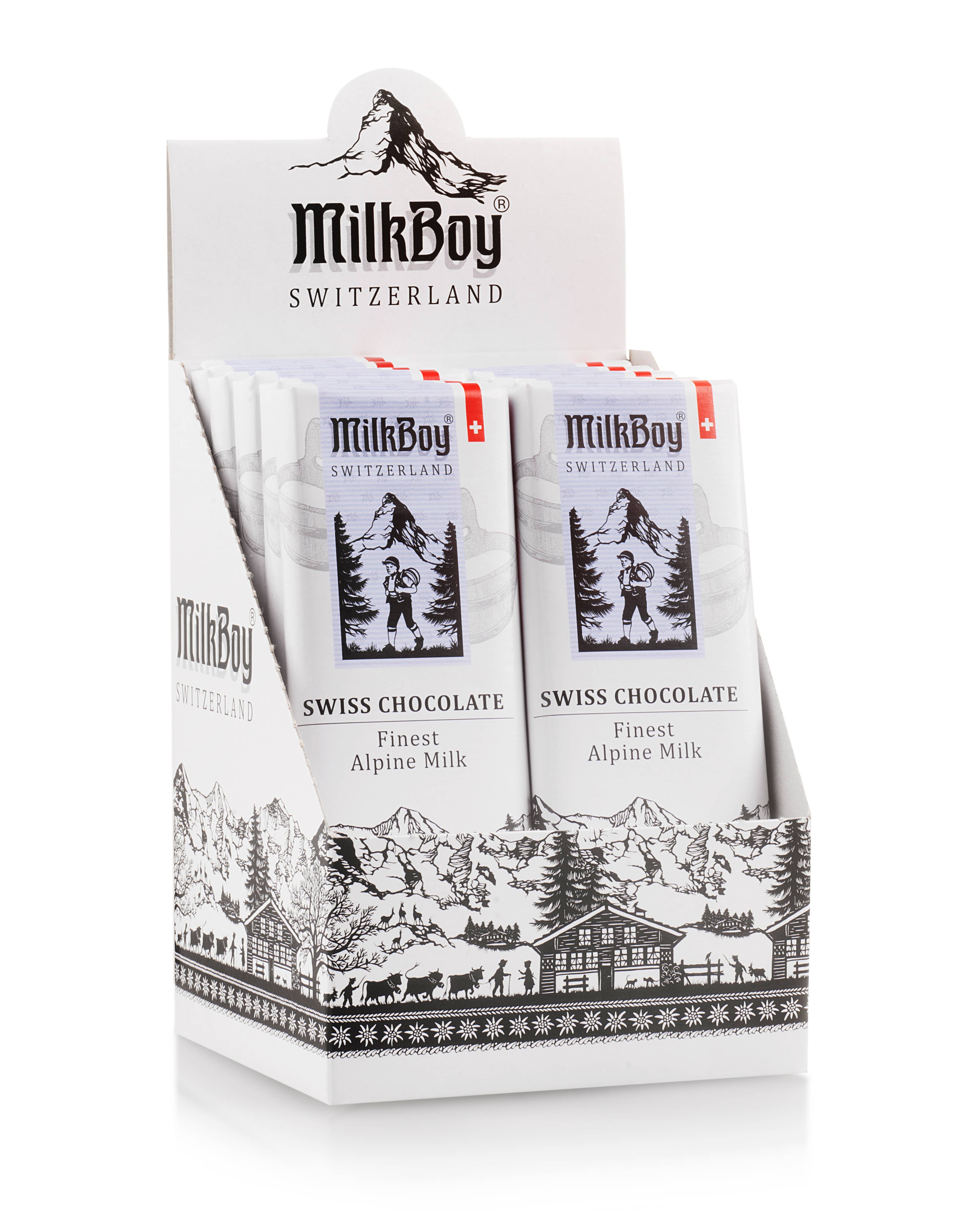 White display box with Candy: MilkBoy Alpine Swiss Milk Chocolate Snack Size Bar 1.4oz, featuring black mountain and alpine scenery design with premium Rainforest Alliance Certified milk chocolate.