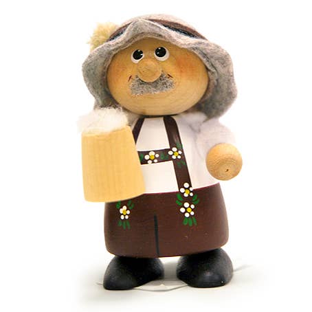 The German Man with Mug of Beer figurine is a handmade wooden gnome donning traditional attire and a hat, embodying the essence of an Oktoberfest celebration.