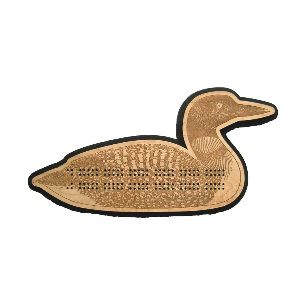 Cribbage: Loon Cribbage Board made from quality maple wood, with carved details and cribbage scoring holes—a classic Minnesota-inspired design.