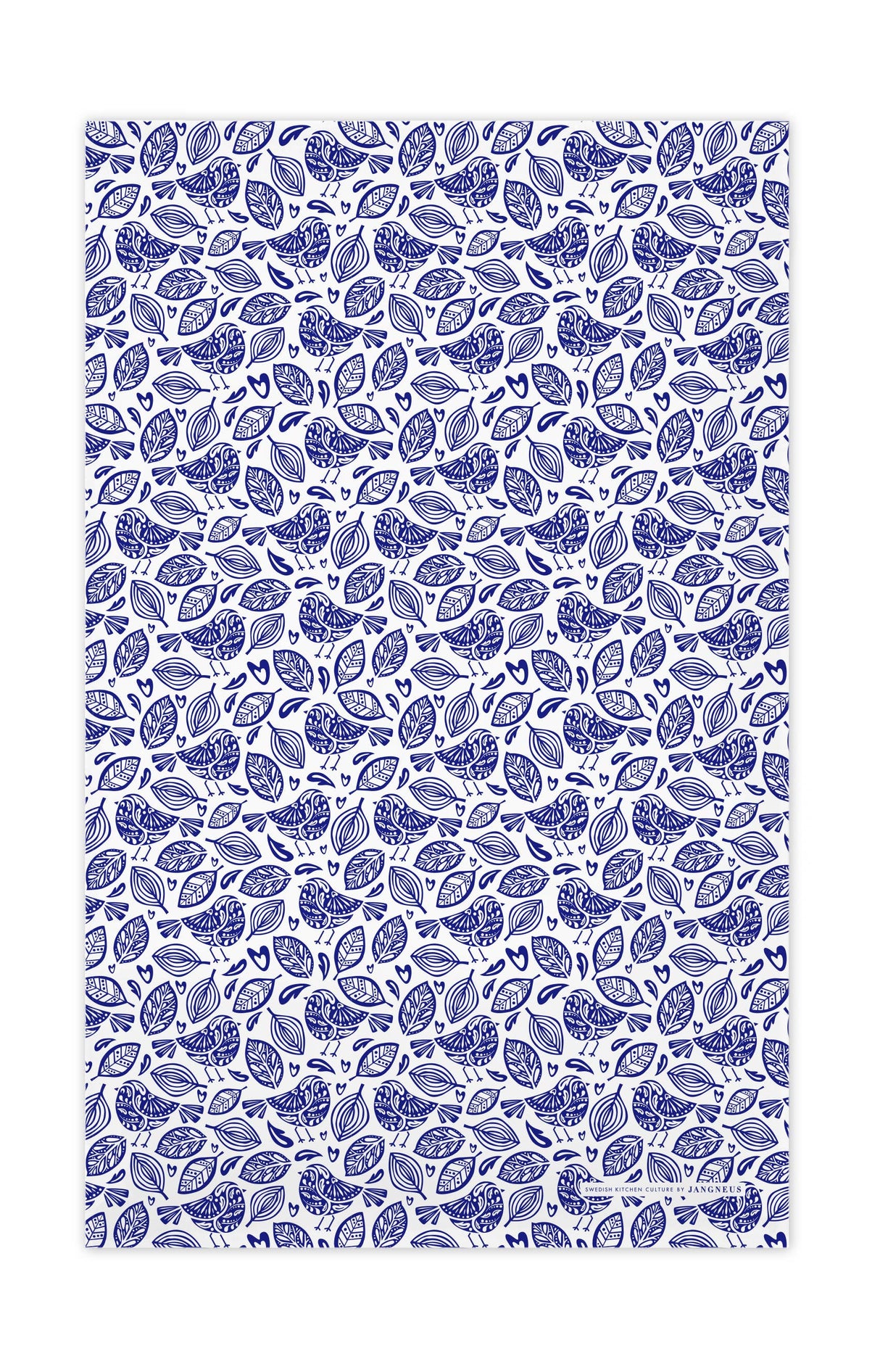 A blue and white patterned design reminiscent of a dense arrangement of intricate, stylized leaves, similar to the Robins Blue Scandinavian Tea Towel.