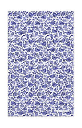A blue and white patterned design reminiscent of a dense arrangement of intricate, stylized leaves, similar to the Robins Blue Scandinavian Tea Towel.