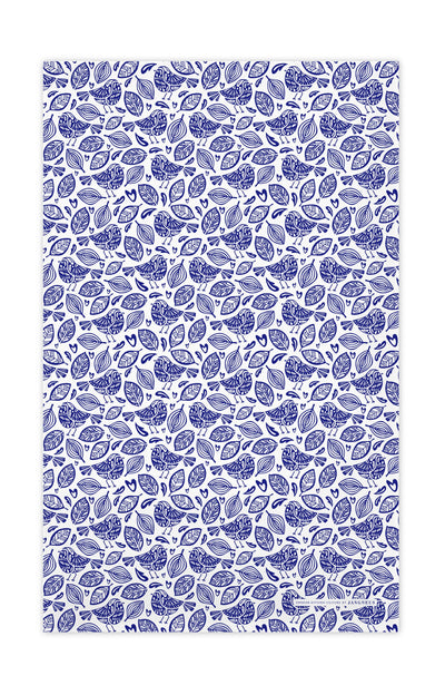 A blue and white patterned design reminiscent of a dense arrangement of intricate, stylized leaves, similar to the Robins Blue Scandinavian Tea Towel.