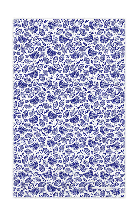 A blue and white patterned design reminiscent of a dense arrangement of intricate, stylized leaves, similar to the Robins Blue Scandinavian Tea Towel.