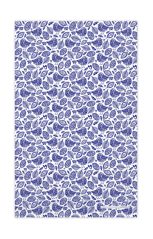 A blue and white patterned design reminiscent of a dense arrangement of intricate, stylized leaves, similar to the Robins Blue Scandinavian Tea Towel.