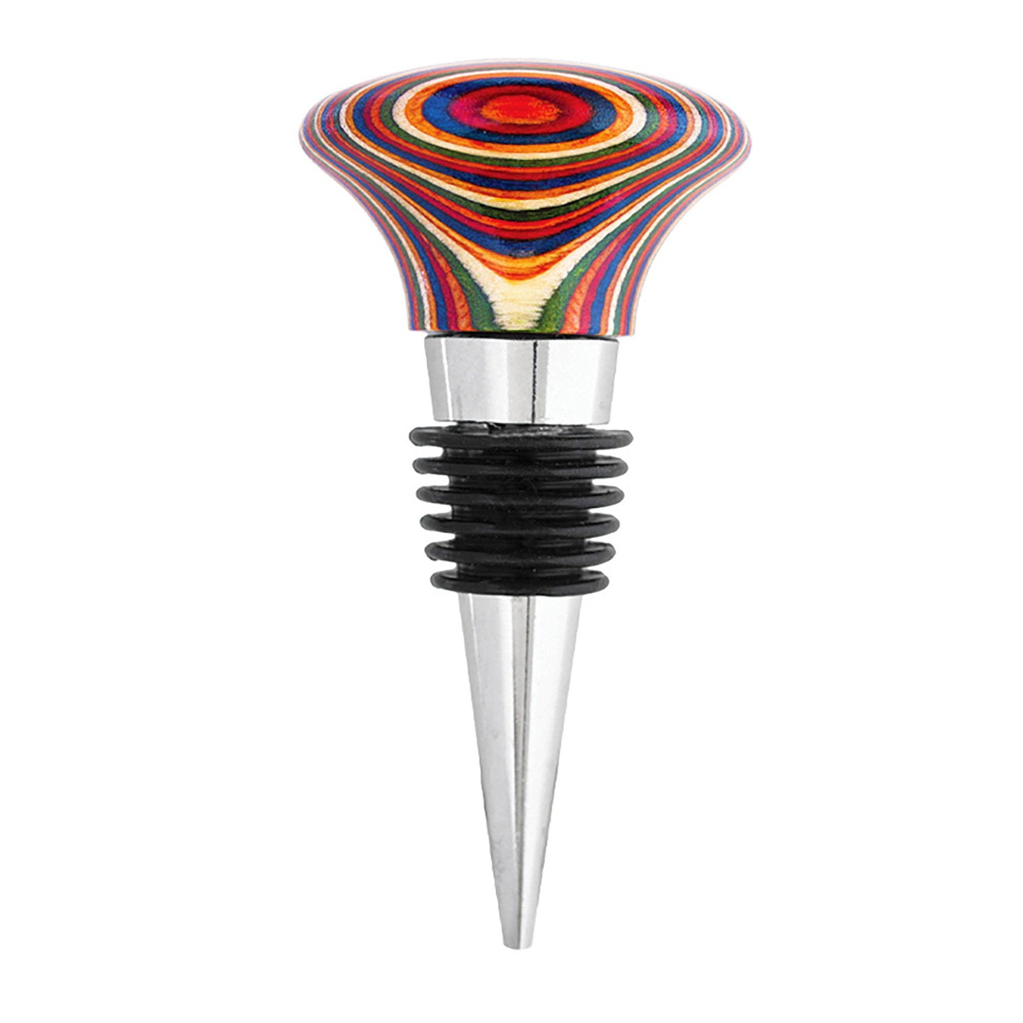 Vibrantly designed wooden wine stopper from the Marrakesh Collection, featuring a durable metal base and air-tight silicone rings for a secure fit.