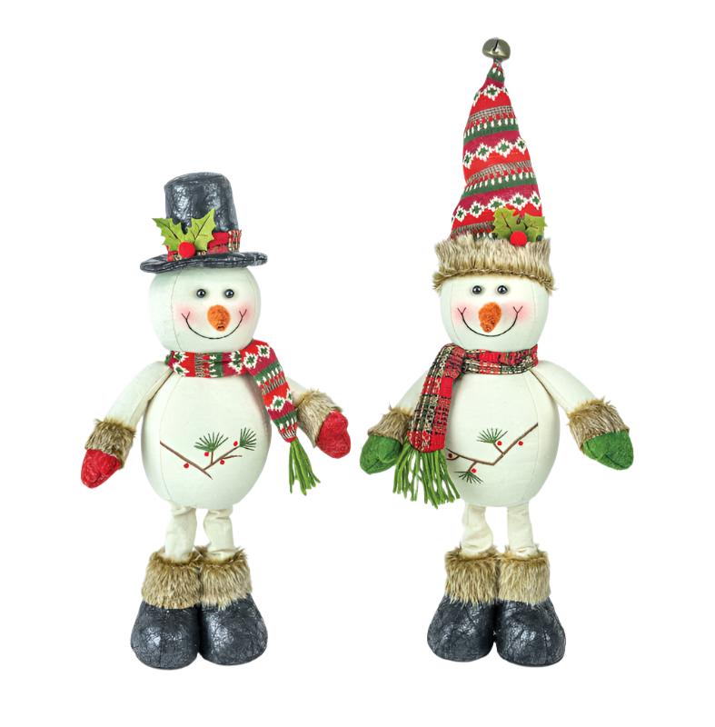 The Berry Holly Snowman Stander showcases two charming decorative snowman figurines: one wears a top hat and the other sports a tall patterned hat. Both are adorned with red scarves and mittens, standing securely on weighted feet that rest on furry boots, enhancing their delightful appeal.