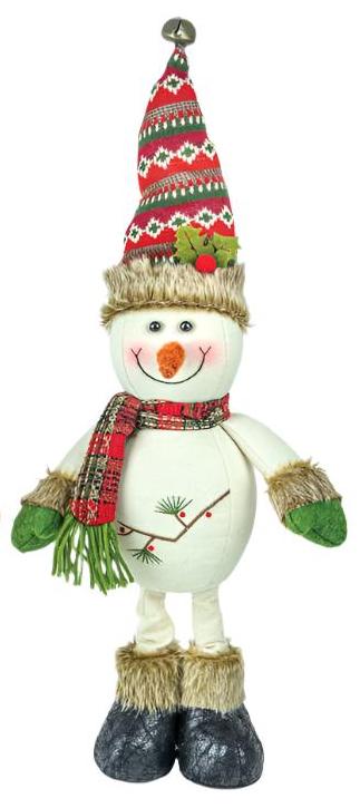 Decor: Berry Holly Snowman Stander with a red patterned hat, green gloves, plaid scarf, faux fur-trimmed boots, weighted feet for stability, an orange nose, and twig-like arms.