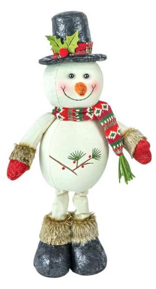 The Berry Holly Snowman Stander features a plush snowman with weighted feet. He wears a black hat adorned with holly, a vibrant red scarf, cozy mittens, and fur-trimmed boots. His rosy cheeks and orange nose give him a charmingly festive look.